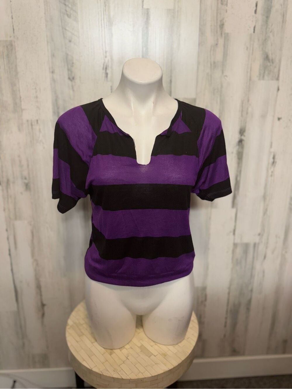EXIST Purple Black Striped Cutout Back Top Womens S Dolman Sleeve Goth Y2K